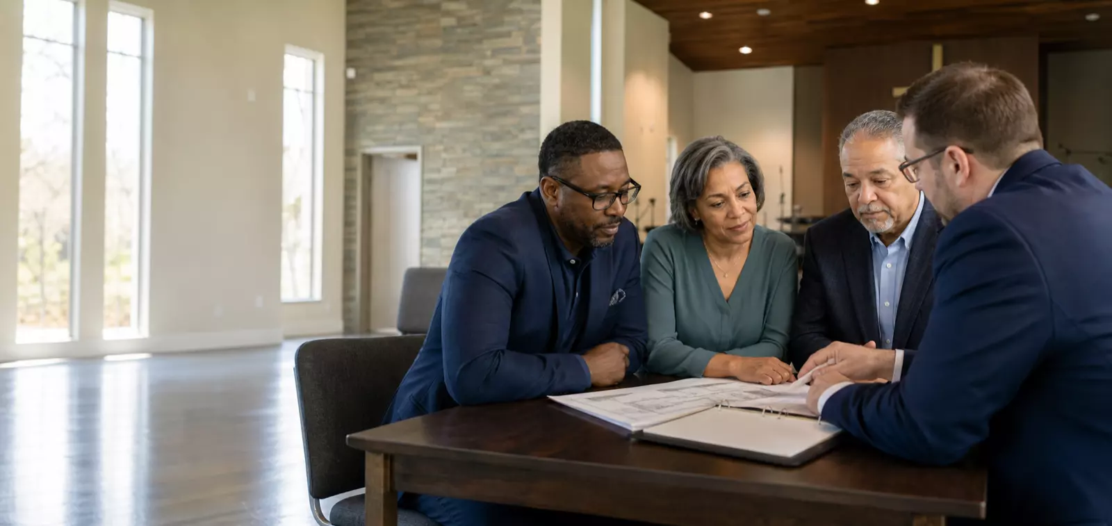 Church leaders reviewing facility plans with a financial advisor